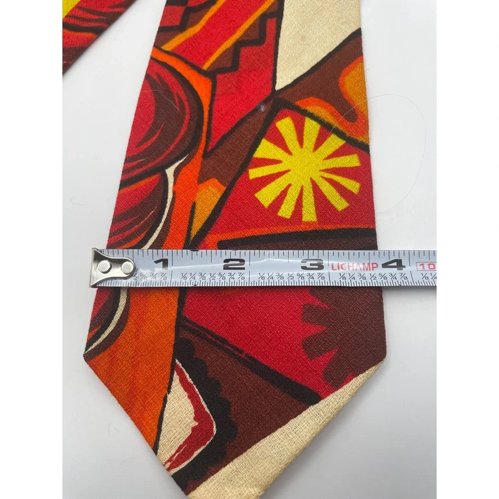 Vintage Kole Hawaii Mens Cotton Barkcloth Tie Red Orange Abstract Tiki Retro